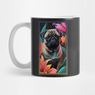 Pug Dog Vibrant Tropical Flower Tall Digital Oil Painting Portrait Mug